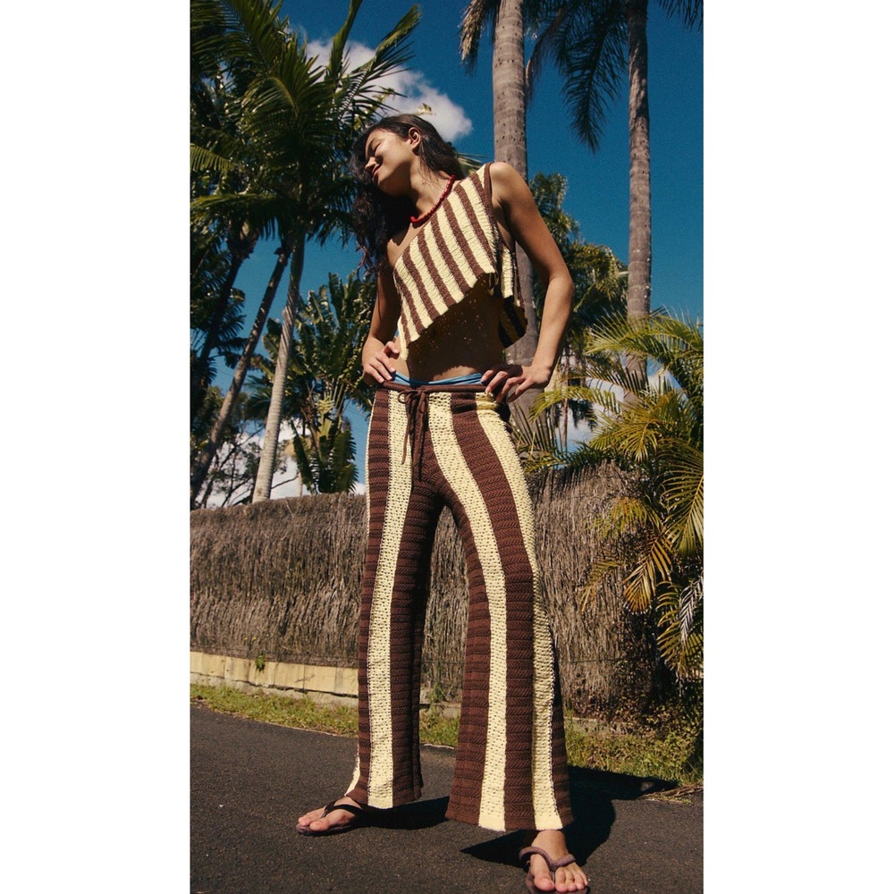 Free People Free-Est Joan Set Brown Cream Striped One Shoulder Top & Pants Large